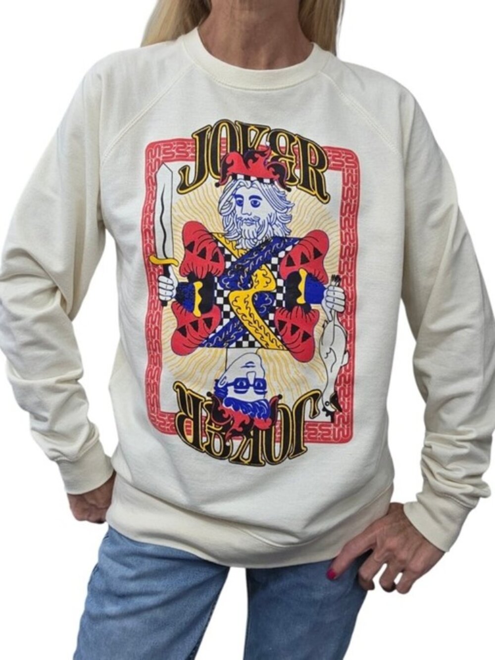 Mythical Joker Playing Card Graphic Crewneck Sweatshirt Cream M